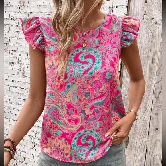 Boho Floral Paisley Print Ruffle Sleeve Top Blouse Shirt Pink - Picture 3 of 10